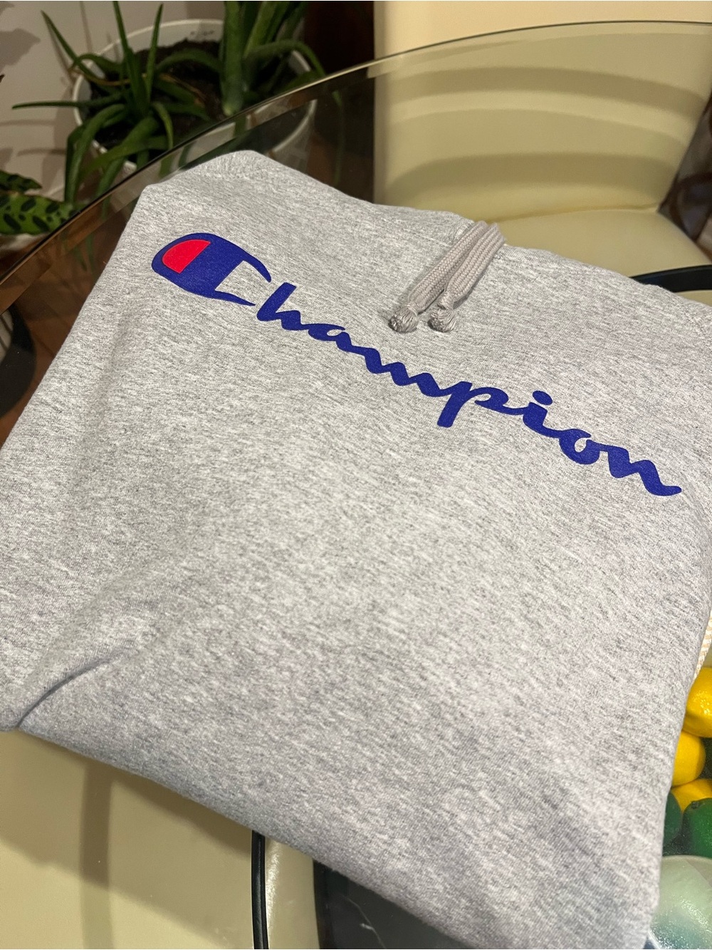 Men's Champion Gray Hoodie with Blue Logo
